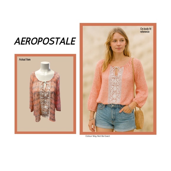 🌸 Aeropostale Boho Crochet Peasant Top | Coral & White Geometric Lace Blouse ✨ - Picture 1 of 6